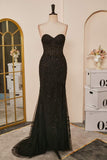 Schwarzes Meerjungfrau-Kleid, trägerlos, mit Applikationen, langes Ball- und Partykleid mit Schlitz, formelle Abendkleider