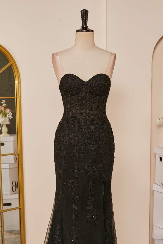 Schwarzes Meerjungfrau-Kleid, trägerlos, mit Applikationen, langes Ball- und Partykleid mit Schlitz, formelle Abendkleider