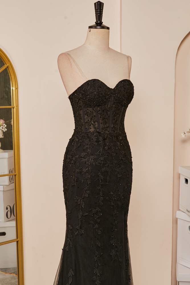 Schwarzes Meerjungfrau-Kleid, trägerlos, mit Applikationen, langes Ball- und Partykleid mit Schlitz, formelle Abendkleider