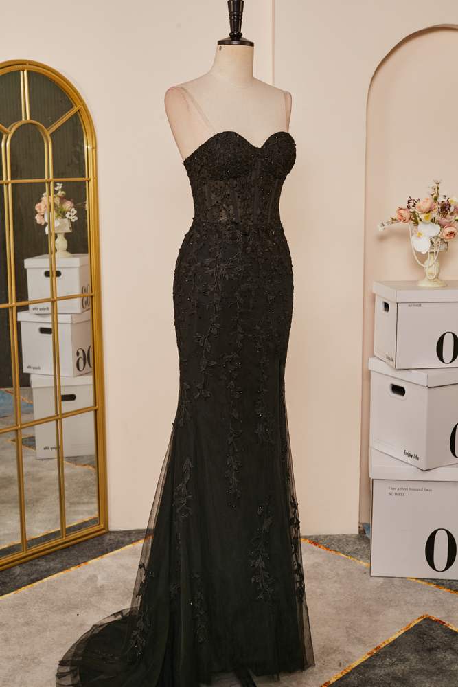 Schwarzes Meerjungfrau-Kleid, trägerlos, mit Applikationen, langes Ball- und Partykleid mit Schlitz, formelle Abendkleider
