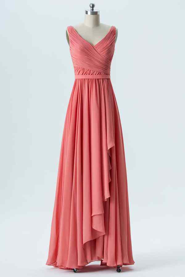 Watermelon A-line V Neck Chiffon Pleated Ruffle Long Bridesmaid Dress Prom Evening Gowns