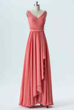 Watermelon A-line V Neck Chiffon Pleated Ruffle Long Bridesmaid Dress Prom Evening Gowns