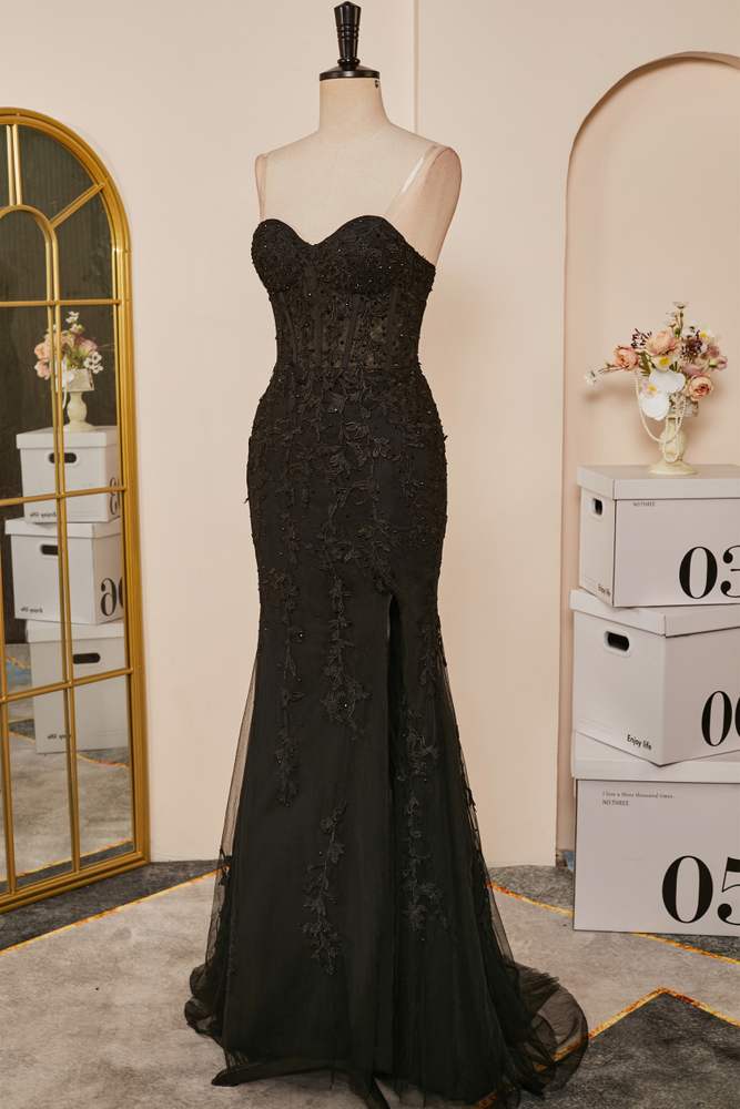 Schwarzes Meerjungfrau-Kleid, trägerlos, mit Applikationen, langes Ball- und Partykleid mit Schlitz, formelle Abendkleider