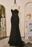 Schwarzes Meerjungfrau-Kleid, trägerlos, mit Applikationen, langes Ball- und Partykleid mit Schlitz, formelle Abendkleider