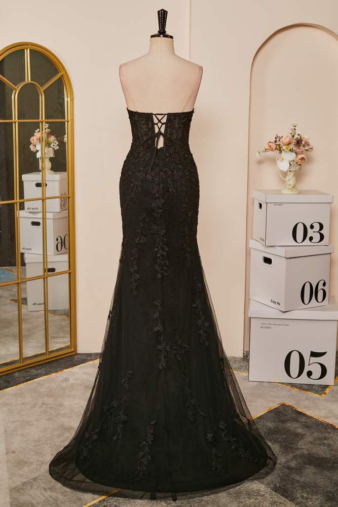 Schwarzes Meerjungfrau-Kleid, trägerlos, mit Applikationen, langes Ball- und Partykleid mit Schlitz, formelle Abendkleider