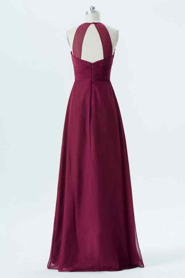 Mulberry A-line Halter Cut-Out Back Chiffon Long Bridesmaid Dress Prom Evening Formal Gowns