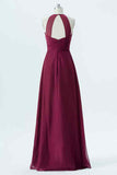 Mulberry A-line Halter Cut-Out Back Chiffon Long Bridesmaid Dress Prom Evening Formal Gowns