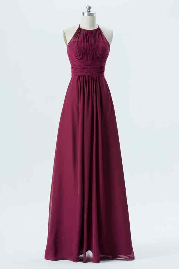 Mulberry A-line Halter Cut-Out Back Chiffon Long Bridesmaid Dress Prom Evening Formal Gowns