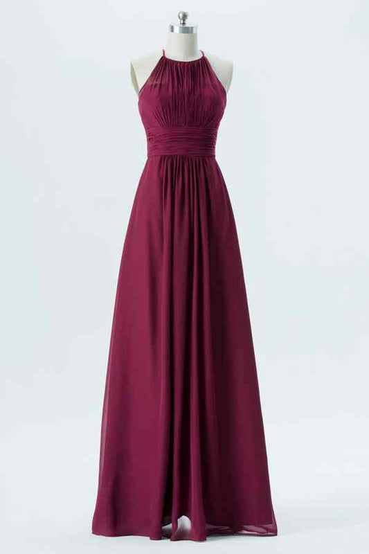 Mulberry A-Linie Neckholder Cut-Out Rücken Chiffon Langes Brautjungfernkleid Abschlussball Abendkleid 