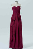 Mulberry A-line Strapless Pleated Ruffle Chiffon Long Bridesmaid Dress Prom Evening Gowns