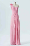 Pink A-line One Shoulder Pleated 3D Applique Chiffon Long Bridesmaid Dress Prom Evening Gowns