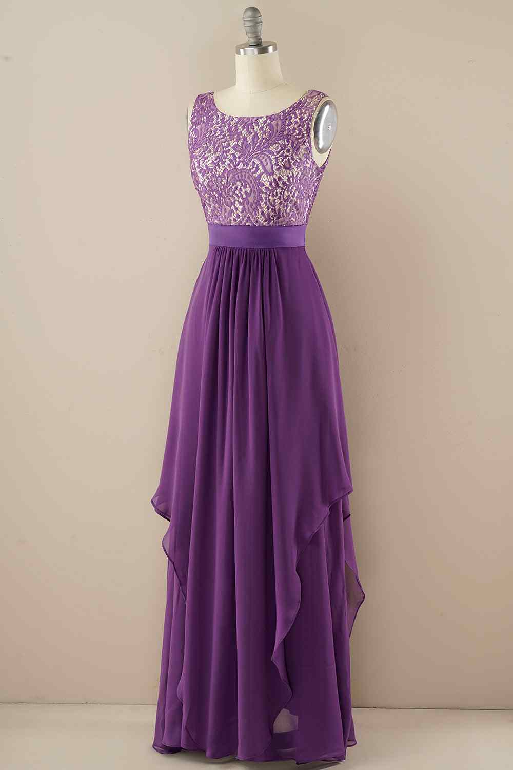 A-line Jewel Lace V Back Chiffon Hi-Low Bridesmaid Dress Prom Evening Gowns