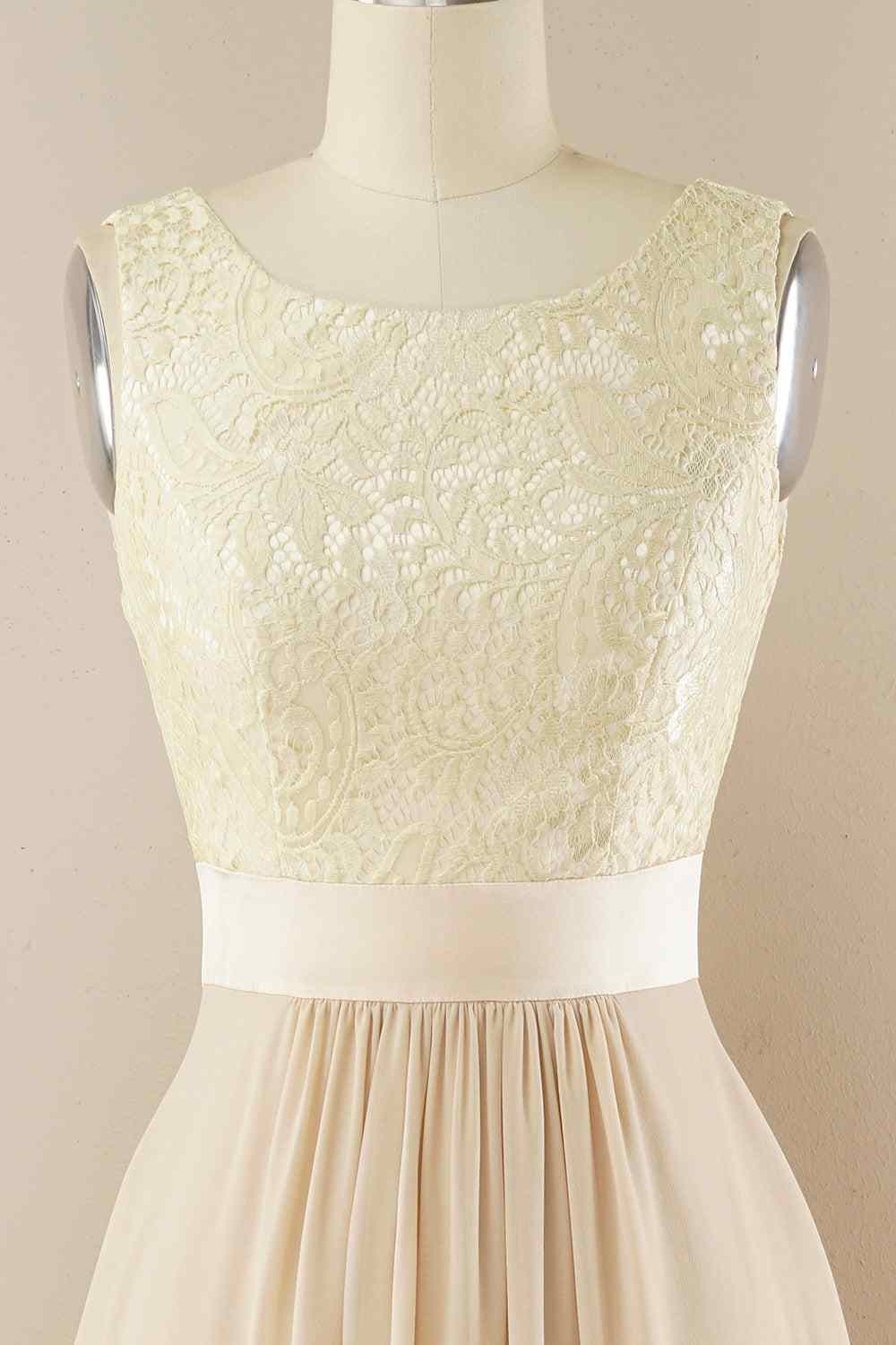 A-line Jewel Lace V Back Chiffon Hi-Low Bridesmaid Dress Prom Evening Gowns
