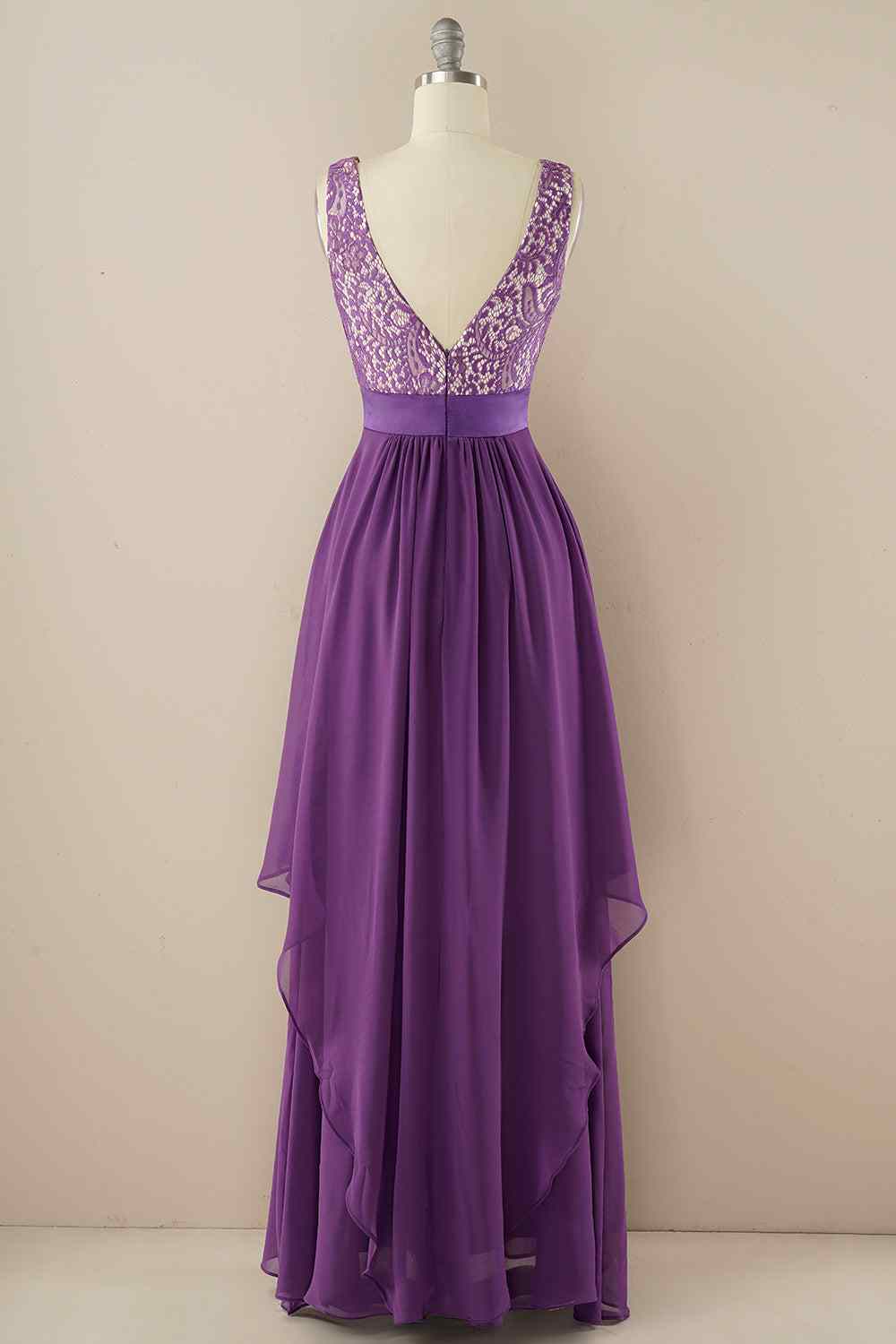 A-line Jewel Lace V Back Chiffon Hi-Low Bridesmaid Dress Prom Evening Gowns