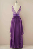 A-line Jewel Lace V Back Chiffon Hi-Low Bridesmaid Dress Prom Evening Gowns