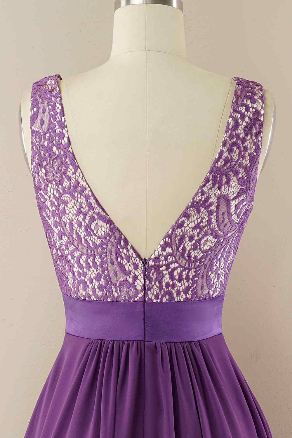 A-line Jewel Lace V Back Chiffon Hi-Low Bridesmaid Dress Prom Evening Gowns
