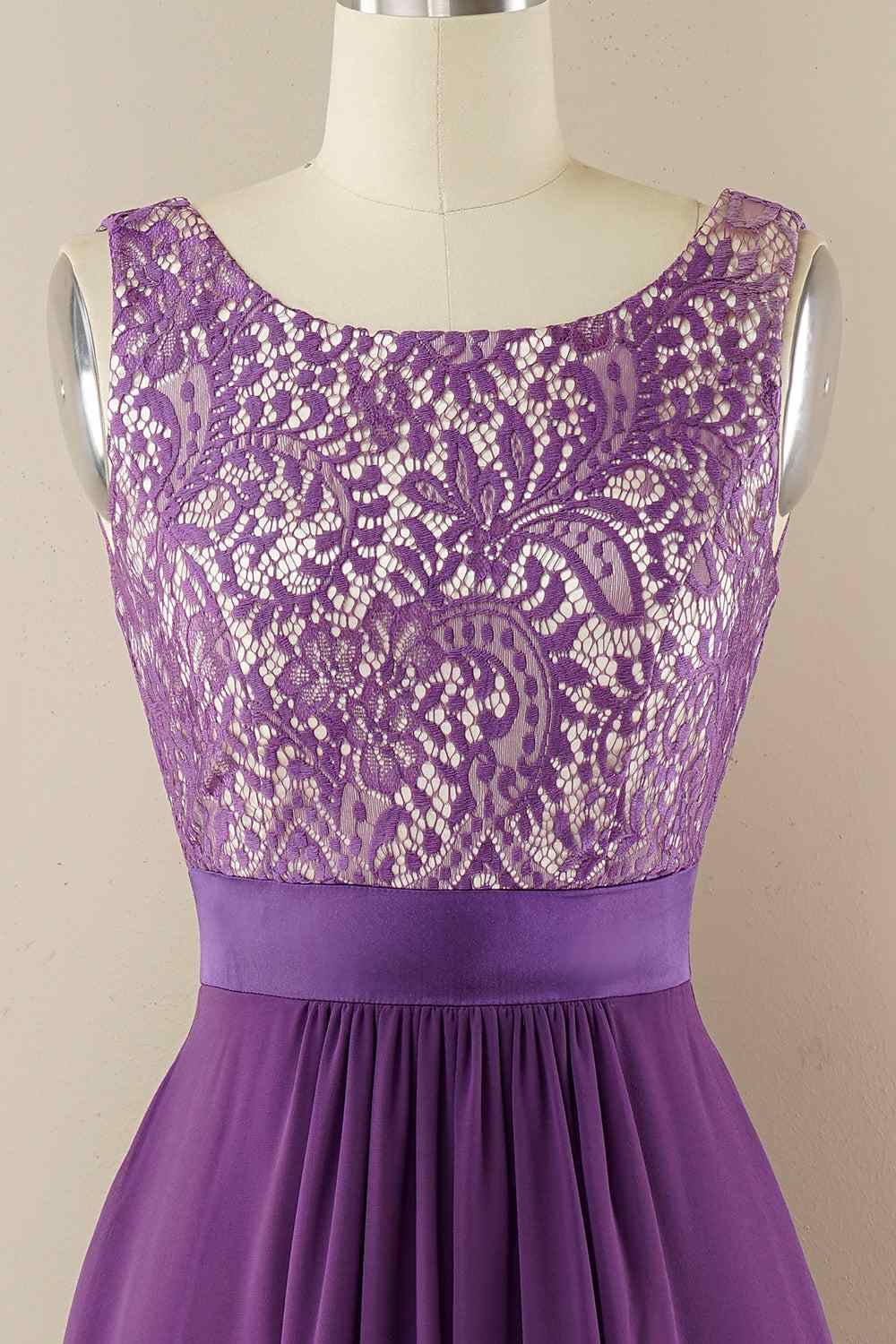 A-line Jewel Lace V Back Chiffon Hi-Low Bridesmaid Dress Prom Evening Gowns