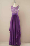A-line Jewel Lace V Back Chiffon Hi-Low Bridesmaid Dress Prom Evening Gowns