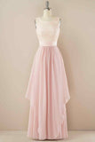 A-line Jewel Lace V Back Chiffon Hi-Low Bridesmaid Dress Prom Evening Gowns