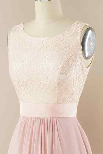 A-line Jewel Lace V Back Chiffon Hi-Low Bridesmaid Dress Prom Evening Gowns