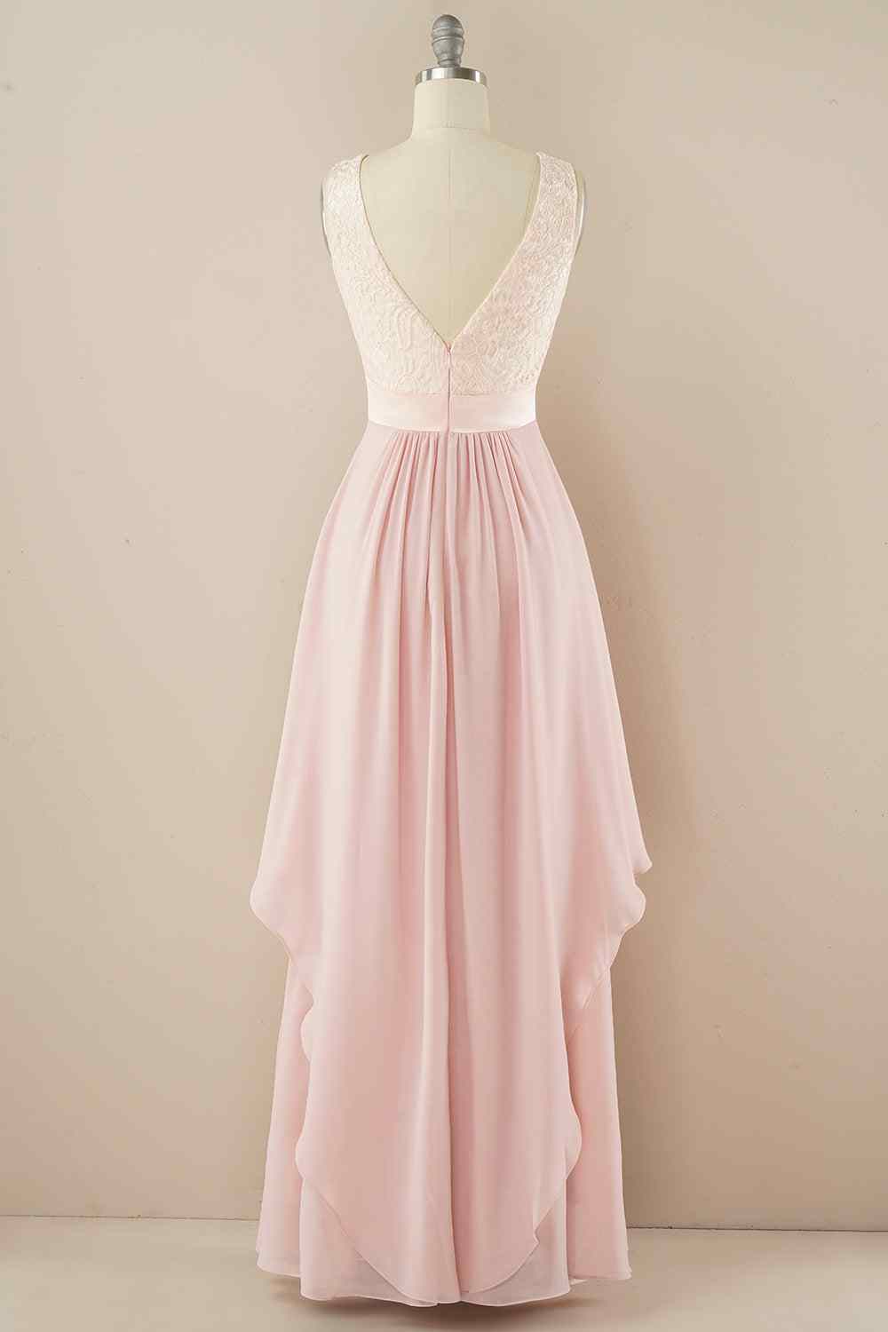 A-line Jewel Lace V Back Chiffon Hi-Low Bridesmaid Dress Prom Evening Gowns