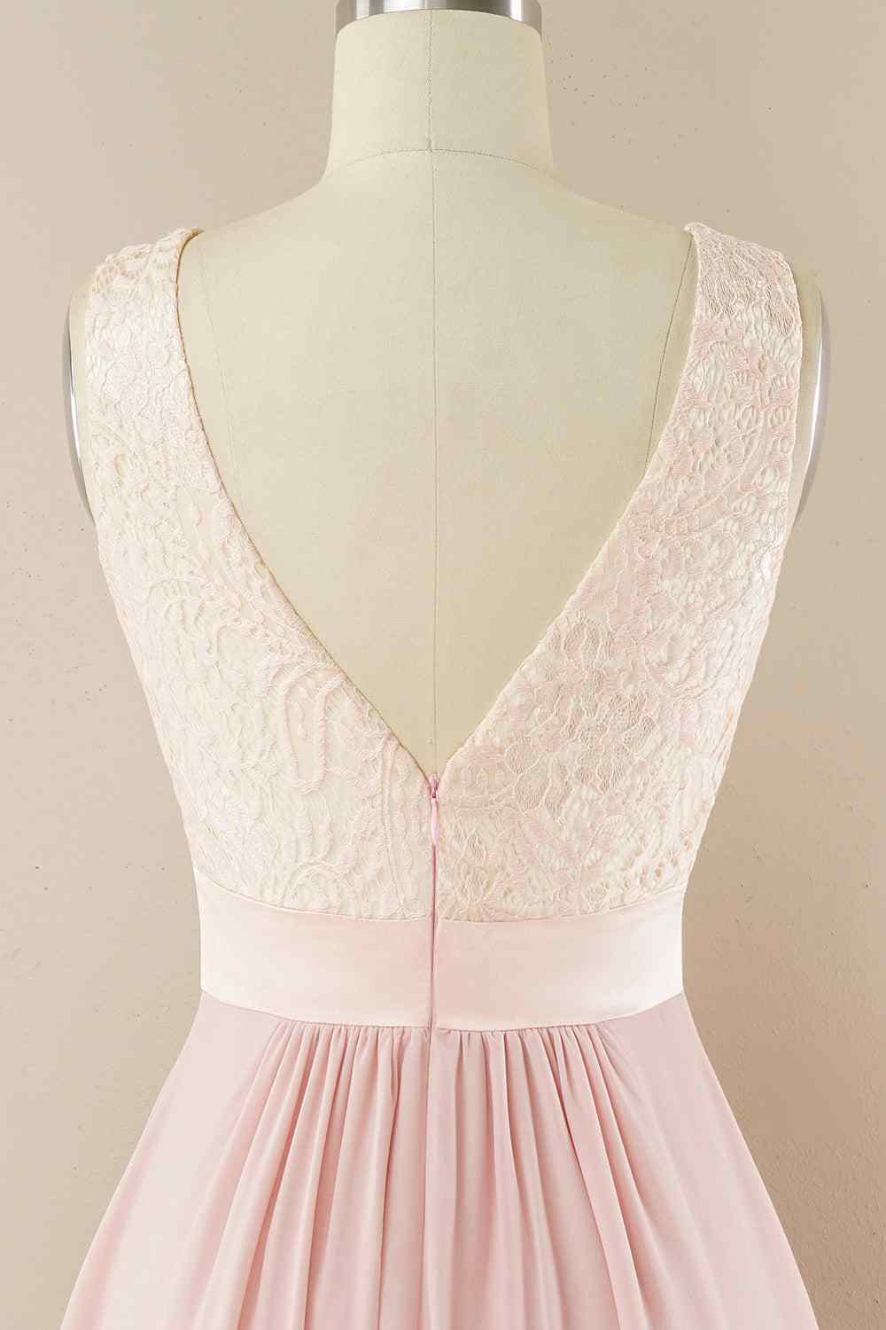 A-line Jewel Lace V Back Chiffon Hi-Low Bridesmaid Dress Prom Evening Gowns