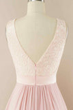 A-line Jewel Lace V Back Chiffon Hi-Low Bridesmaid Dress Prom Evening Gowns