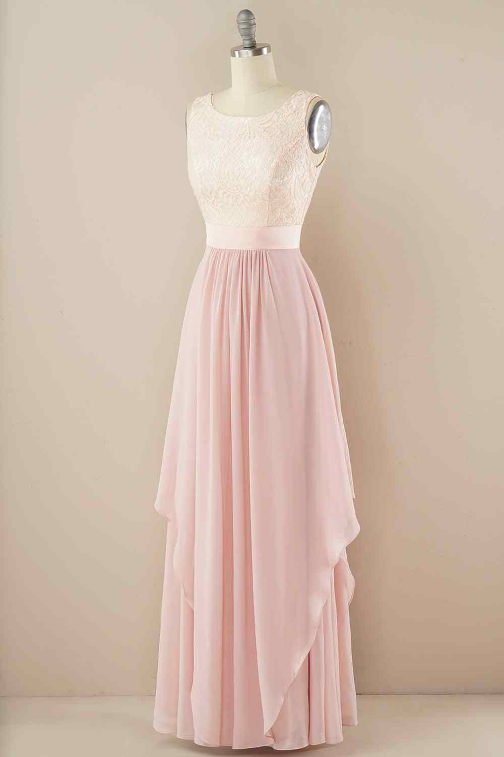 A-line Jewel Lace V Back Chiffon Hi-Low Bridesmaid Dress Prom Evening Gowns