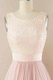 A-line Jewel Lace V Back Chiffon Hi-Low Bridesmaid Dress Prom Evening Gowns