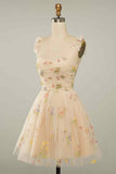 Champagner A-Linie Fliege Träger Plissee Applikation Mini Homecoming Partykleid Abschlussball Cocktailkleider 