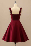 Burgundy A-line Ruffle Straps Satin Mini Homecoming Party Dress Prom Cocktail Wedding Guest Dresses