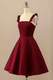 Burgundy A-line Ruffle Straps Satin Mini Homecoming Party Dress Prom Cocktail Wedding Guest Dresses