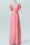 Coral A-line Faux-Wrap Chiffon Pleated Ruffle Long Bridesmaid Dress Prom Evening Gowns