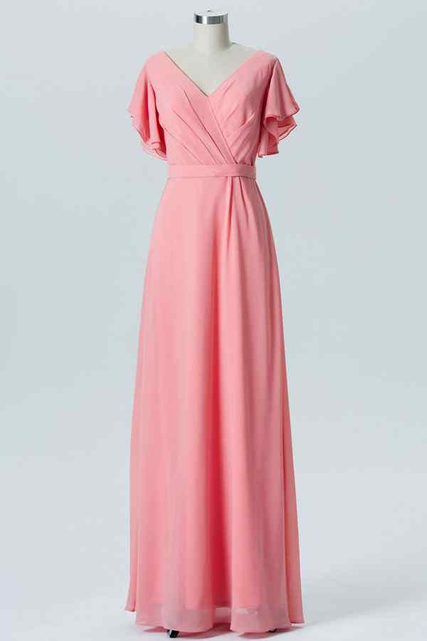 Coral A-line Faux-Wrap Chiffon Pleated Ruffle Long Bridesmaid Dress Prom Evening Gowns