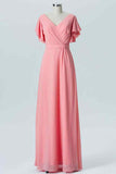 Coral A-line Faux-Wrap Chiffon Pleated Ruffle Long Bridesmaid Dress Prom Evening Gowns
