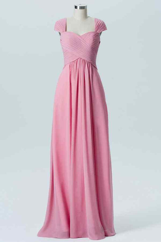 Hot Pink A-Linie Flügelärmeln Plissee Chiffon Langes Brautjungfernkleid Abschlussball Abendkleider