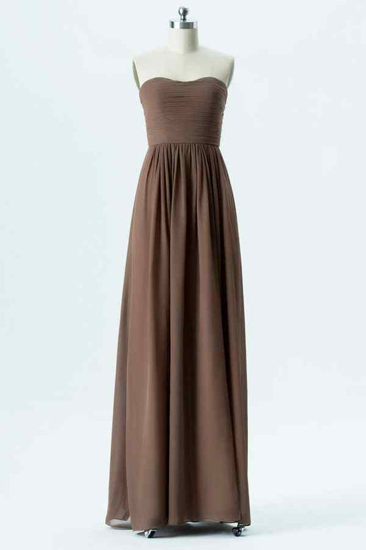 Taupe A-line Strapless Pleated Chiffon Long Bridesmaid Dress Prom Evening Gowns