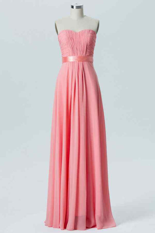 Coral A-line Strapless Pleated Chiffon Long Bridesmaid Dress with Sash Prom Evening Gowns