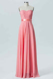 Coral A-line Strapless Pleated Chiffon Long Bridesmaid Dress with Sash Prom Evening Gowns