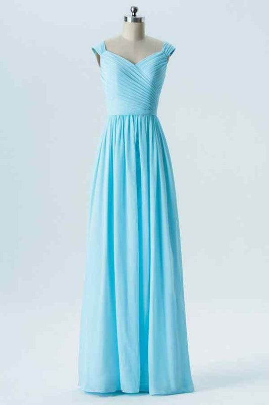 Blue A-line V Neck Pleated Chiffon Long Bridesmaid Dress Prom Evening Gowns