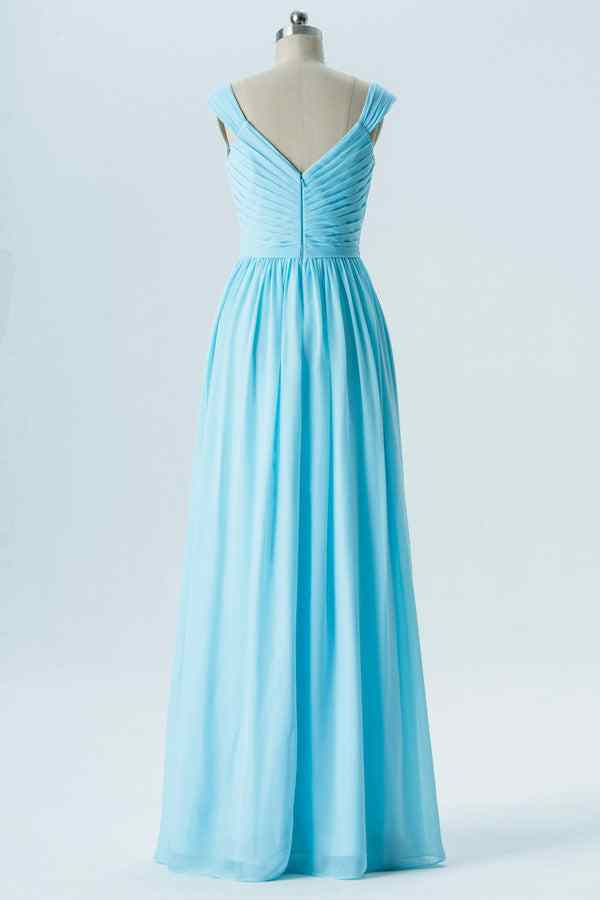 Blue A-line V Neck Pleated Chiffon Long Bridesmaid Dress Prom Evening Gowns
