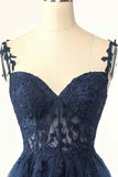 Dunkelmarineblaues A-Linien-Kleid mit Blumenträgern und Applikationen aus Tüll für Heimkehr, Party, Abschlussball, Cocktail 