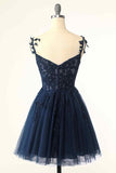 Dunkelmarineblaues A-Linien-Kleid mit Blumenträgern und Applikationen aus Tüll für Heimkehr, Party, Abschlussball, Cocktail 