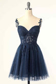 Dunkelmarineblaues A-Linien-Kleid mit Blumenträgern und Applikationen aus Tüll für Heimkehr, Party, Abschlussball, Cocktail 