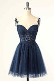 Dunkelmarineblaues A-Linien-Kleid mit Blumenträgern und Applikationen aus Tüll für Heimkehr, Party, Abschlussball, Cocktail 