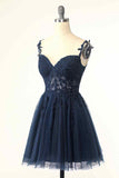 Dunkelmarineblaues A-Linien-Kleid mit Blumenträgern und Applikationen aus Tüll für Heimkehr, Party, Abschlussball, Cocktail 