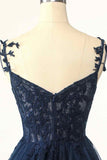 Dunkelmarineblaues A-Linien-Kleid mit Blumenträgern und Applikationen aus Tüll für Heimkehr, Party, Abschlussball, Cocktail 