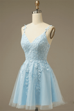 Hellblaues A-Linien-Kleid mit V-Ausschnitt und Applikationen aus Tüll, Mini-Homecoming-Partykleid, Abschlussball-Cocktailkleider 