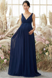 V neck Long Maternity Bridesmaid Dress Chiffon Formal Evening Dresses