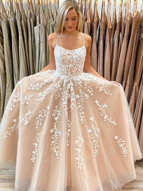 Champagner Spitzenkleid lang, Formales Kleid, Abendkleid, Festzugstanzkleider, Schulpartykleid, KB0720 